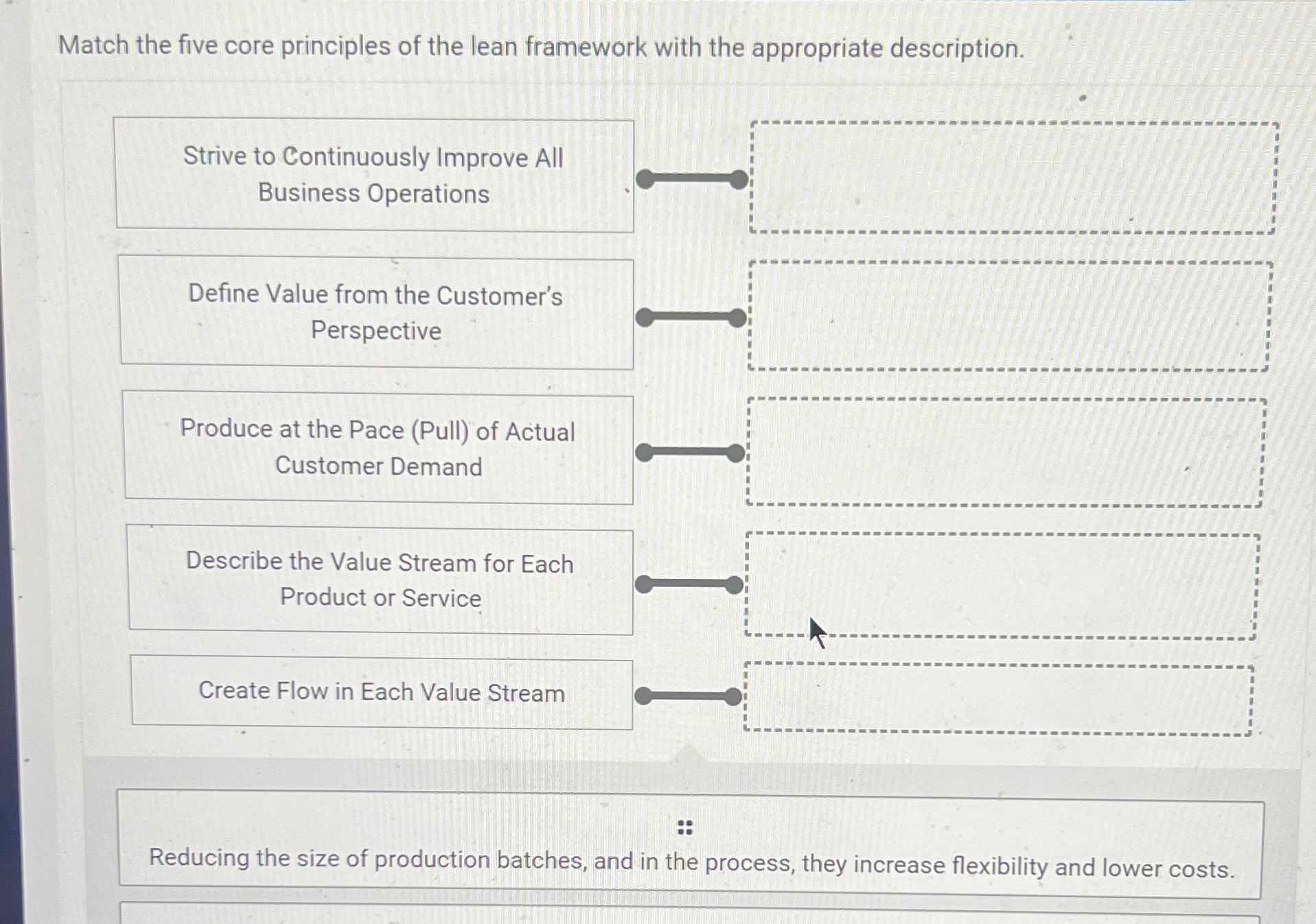  Match the five core principles of the lean framework with the