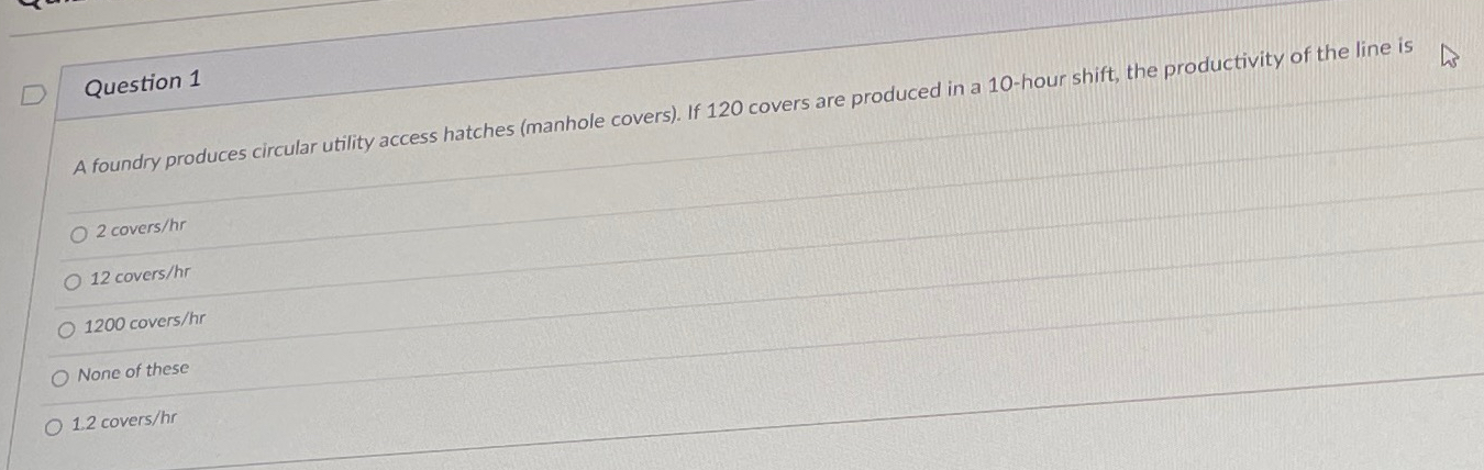  Question 1 A foundry produces circular utility access hatches (manhole covers).