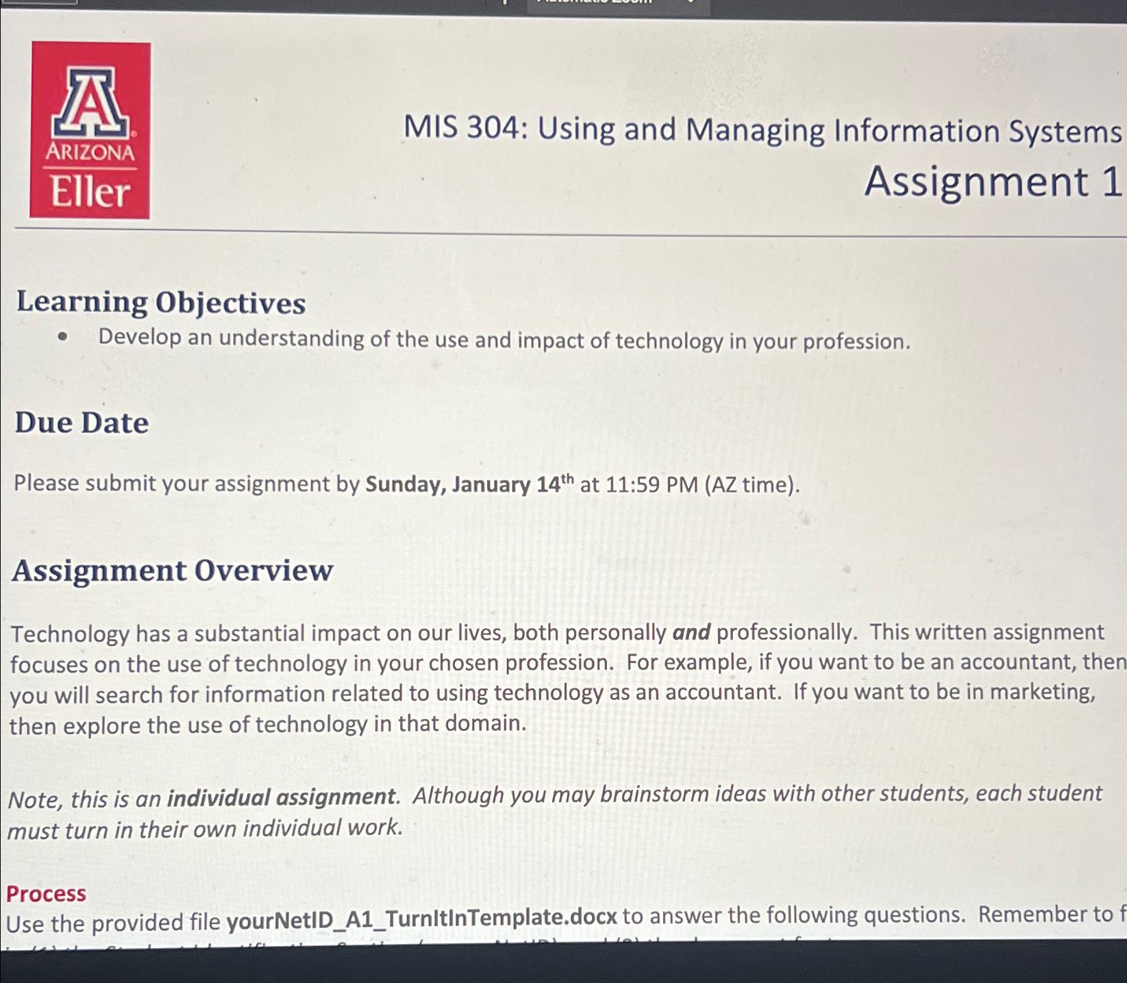  MIS 304: Using and Managing Information Systems Assignment 1 Learning Objectives