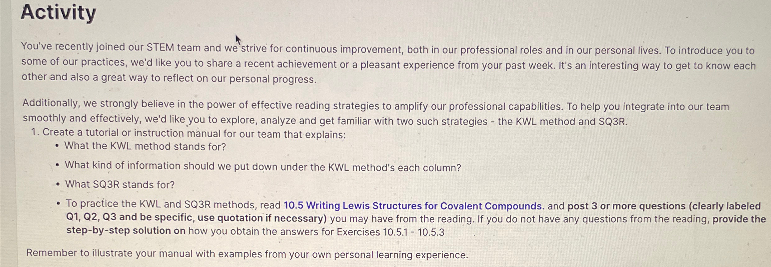  Activity You've recently joined our STEM team and we strive for