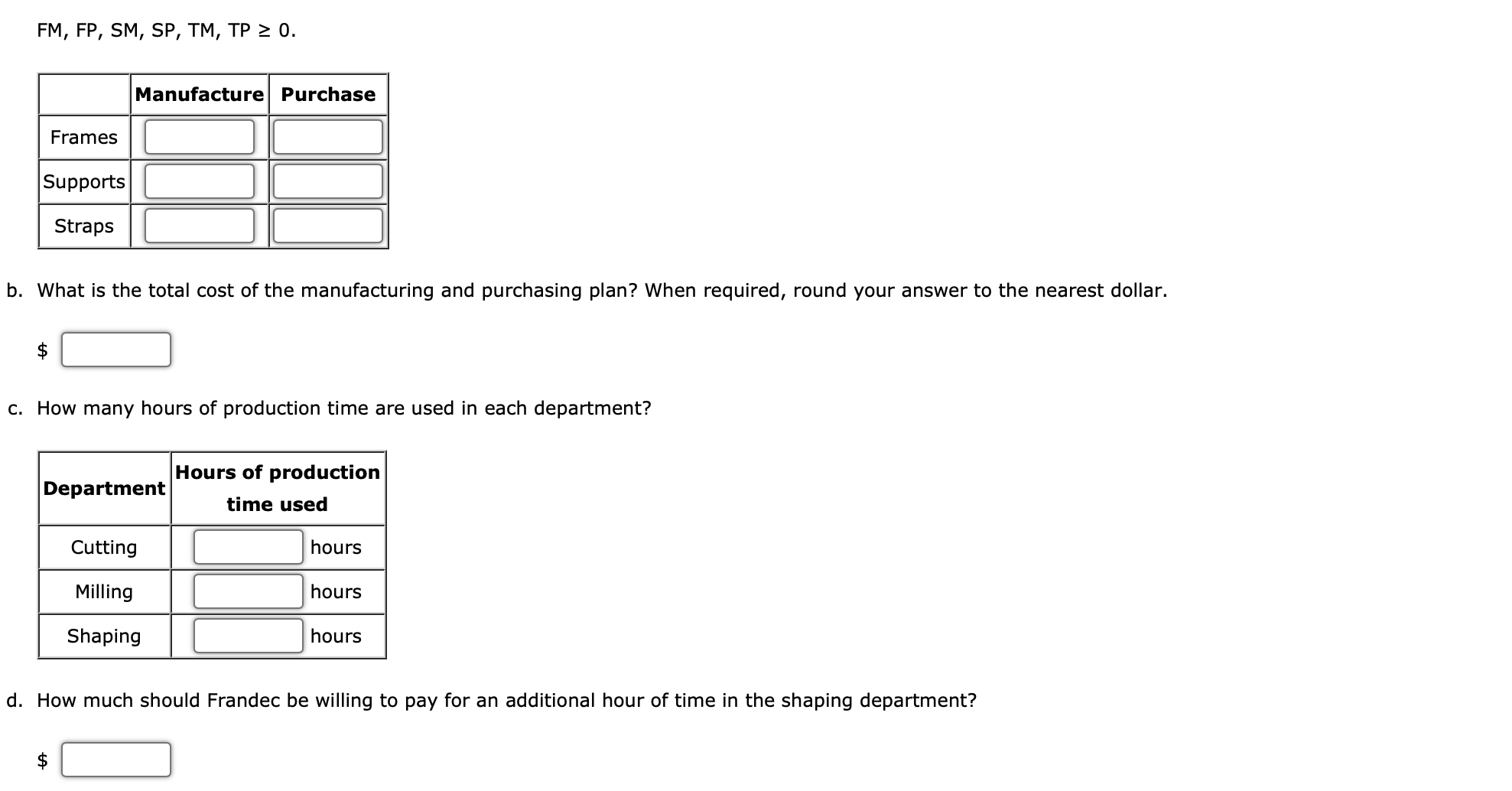 the manufacturing and purchasing plan? When required, round your answer to the