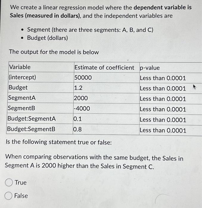  We create a linear regression model where the dependent variable is