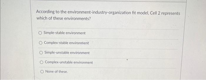  According to the environment-industry-organization fit model, Cell 2 represents which of