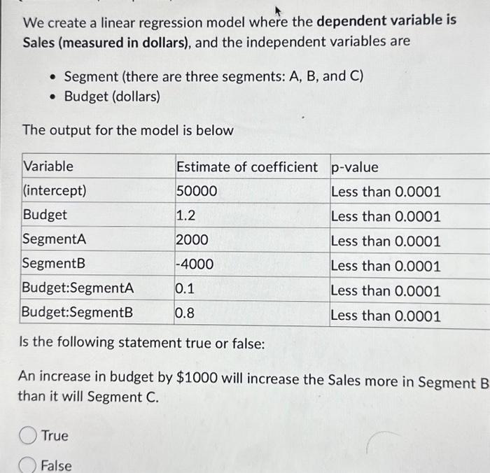  We create a linear regression model where the dependent variable is