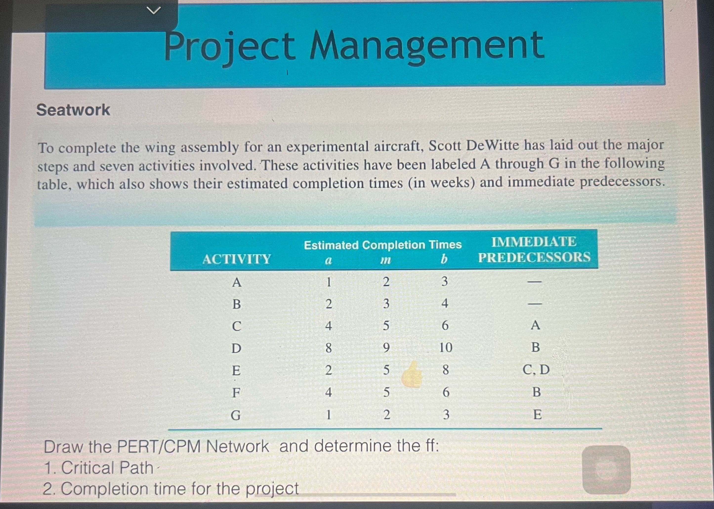  Project Management Seatwork To complete the wing assembly for an experimental