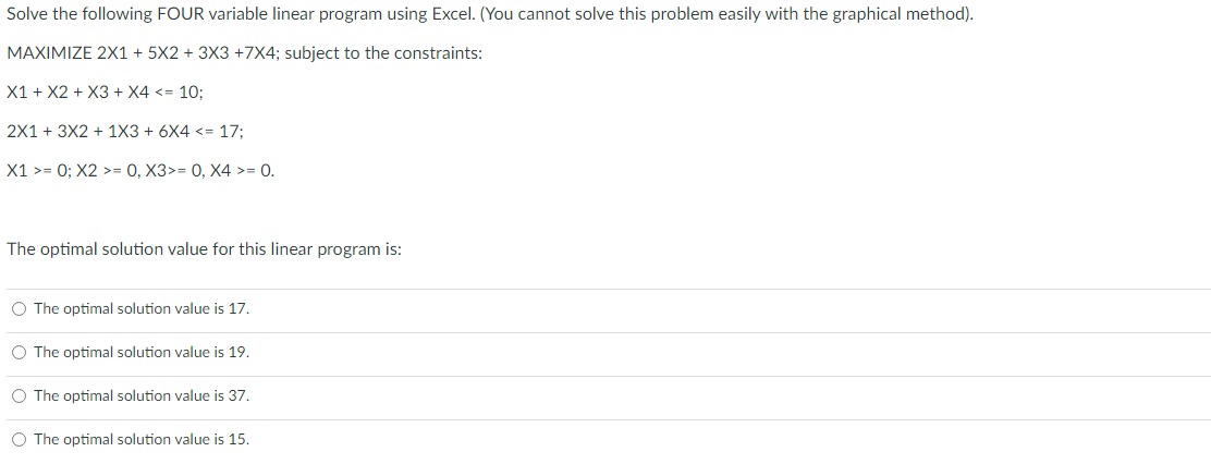  Solve the following FOUR variable linear program using Excel. (You cannot