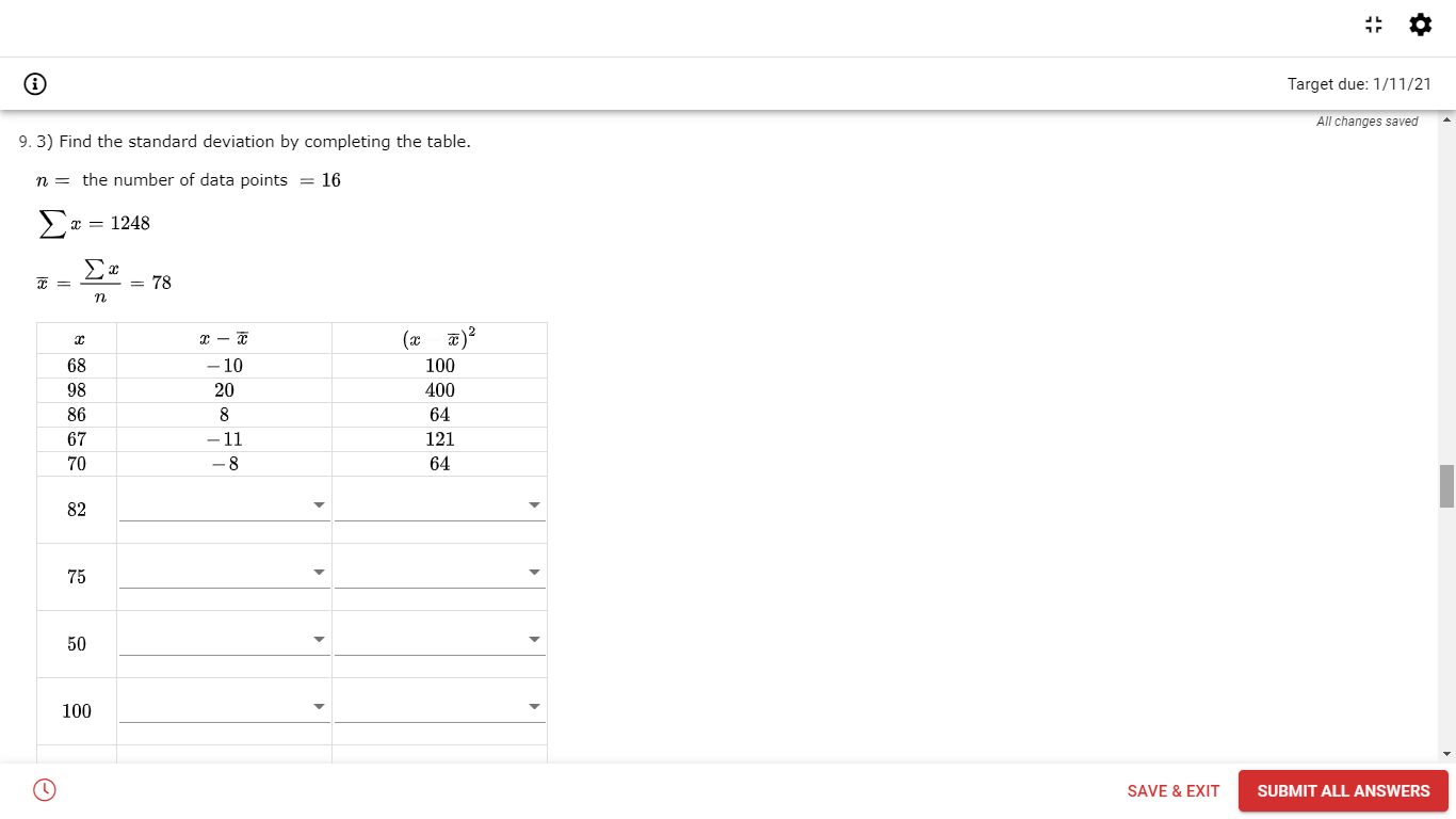 Target due: 1/11/21 All changes saved 8. 4) For each set of