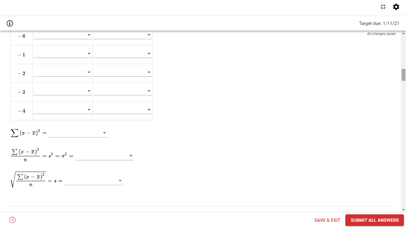 SAVE & EXIT SUBMIT ALL ANSWERSTarget due: 1/11/21 5.1 1.9 All changes