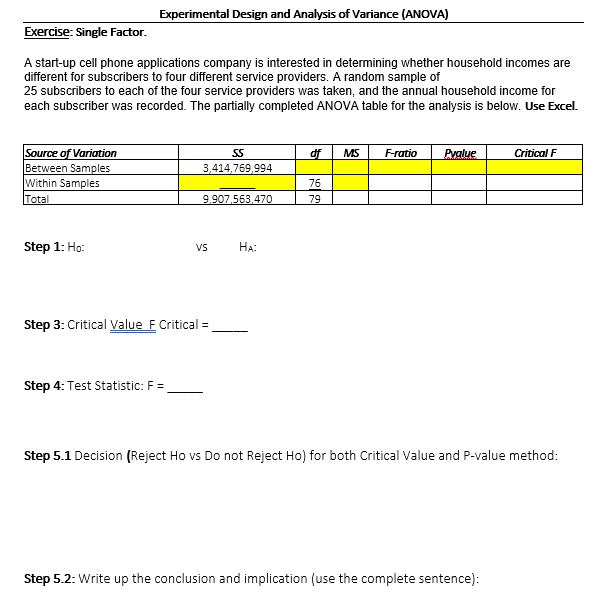 Please list instructions along with Excel functions. Experimental Design and Analysis of