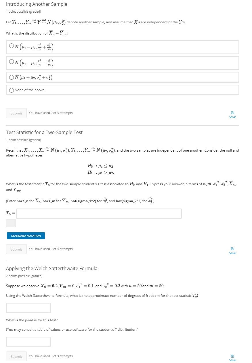 Introducing Another Sample 1 point possible (graded) Let Y1, . ..,