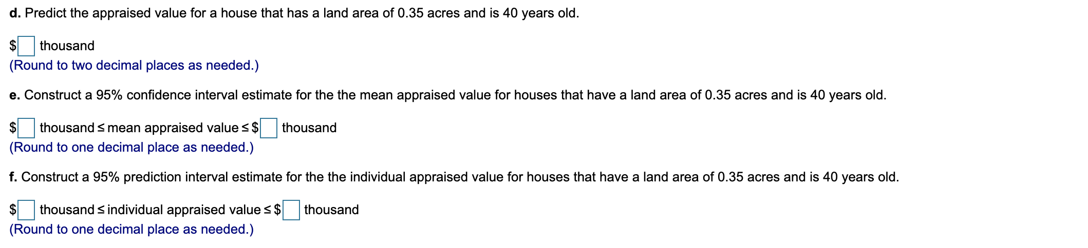 east of a large city, The data organized below include the appraised