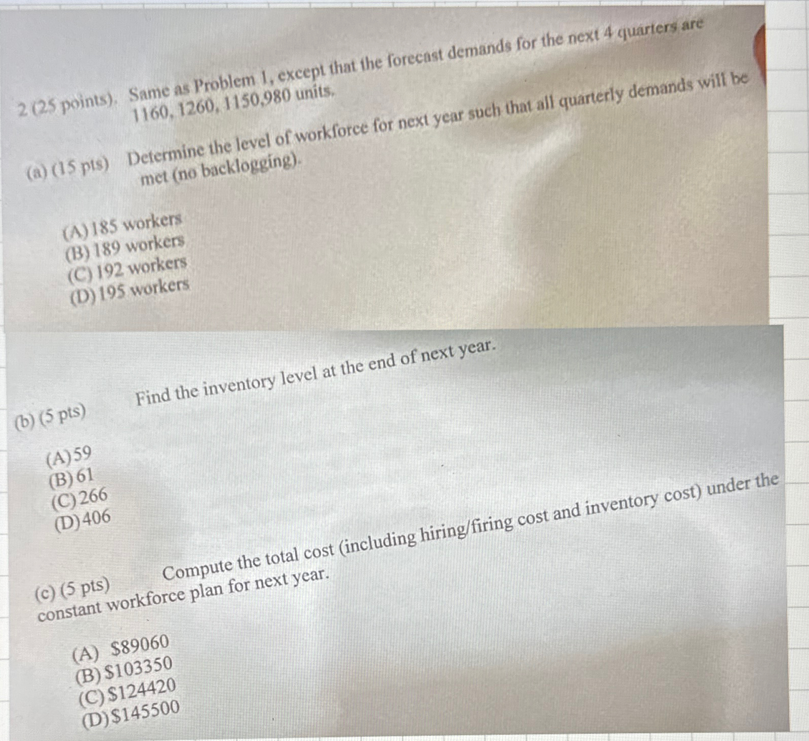  2(25 points). Same as problem 1, except that the forecast demands