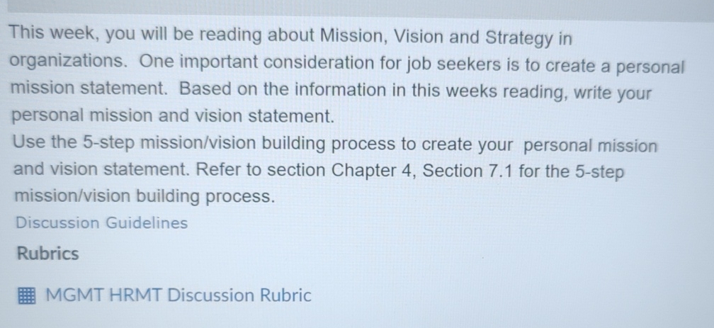  This week, you will be reading about Mission, Vision and Strategy