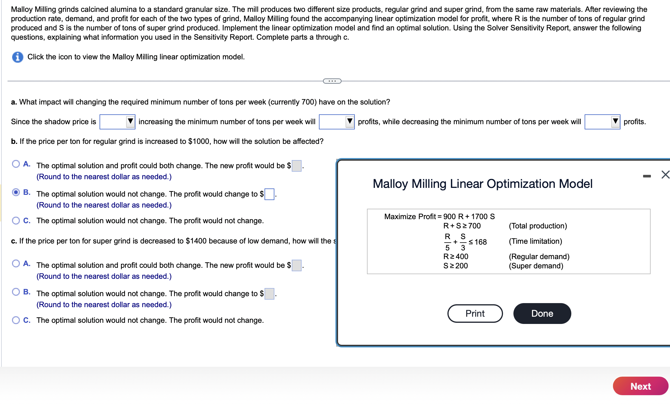  questions, explaining what information you used in the Sensitivity Report. Complete