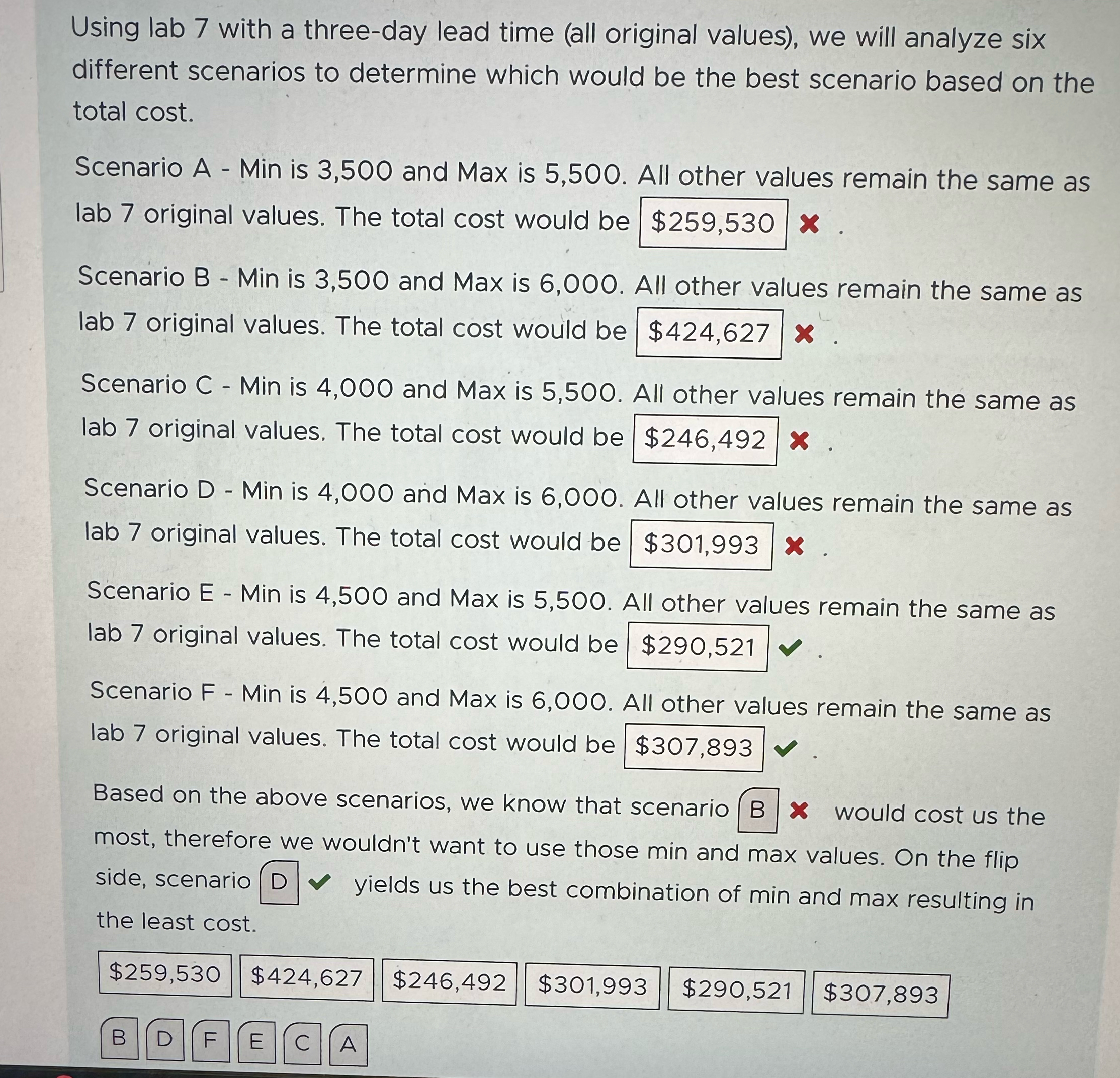 Using lab 7 with a three-day lead time (all original values),