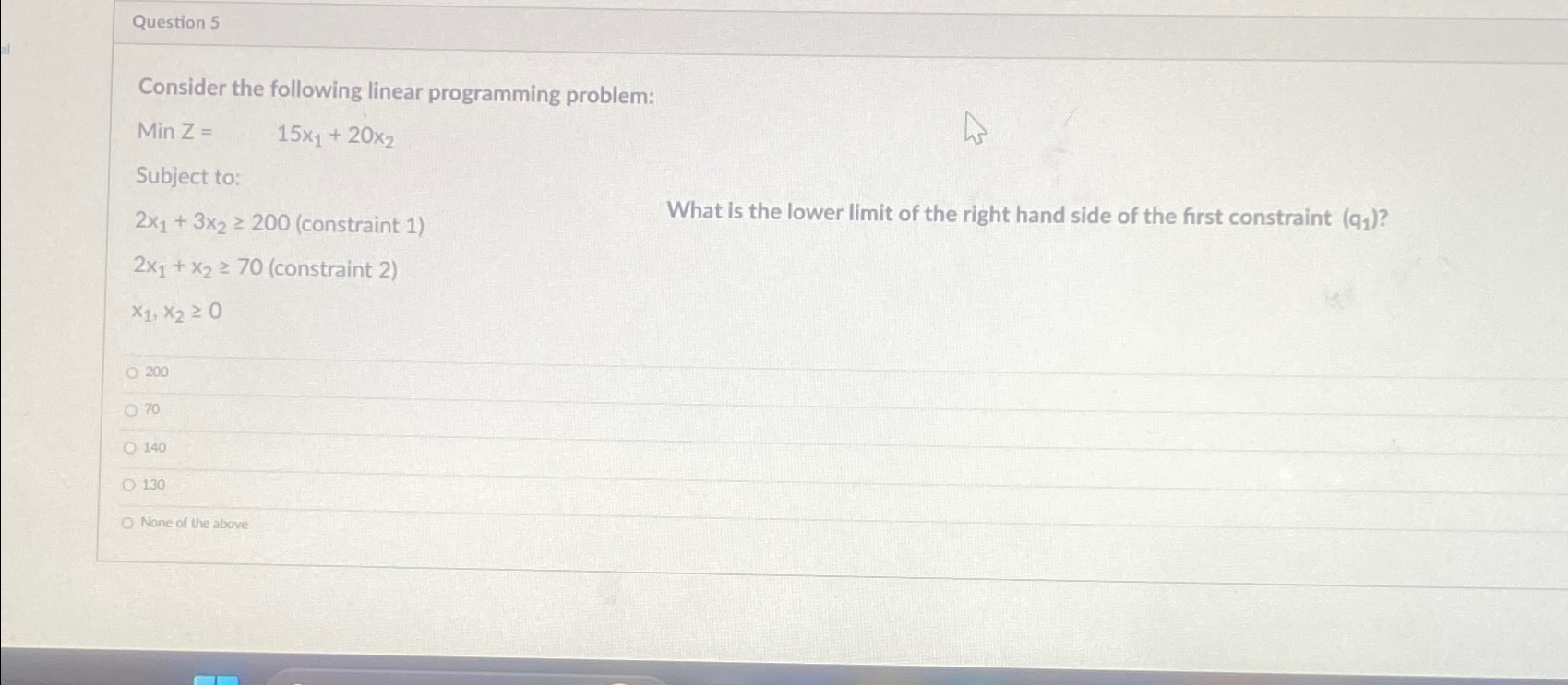 Question 5 Consider the following linear programming problem: Min Z=,15x1+20x2 Subject