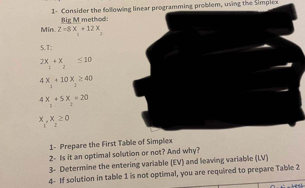  1- Consider the following linear programming problem, using the Simplex Big