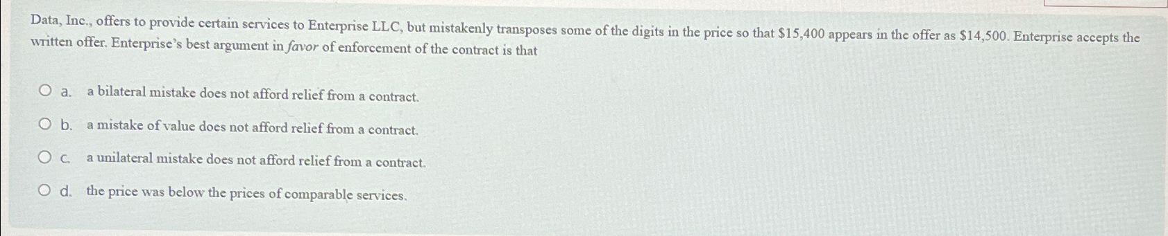  Data, Inc., offers to provide certain services to Enterprise LLC, but