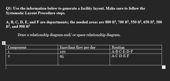  Use the information below to generate a facility layout. A, B,