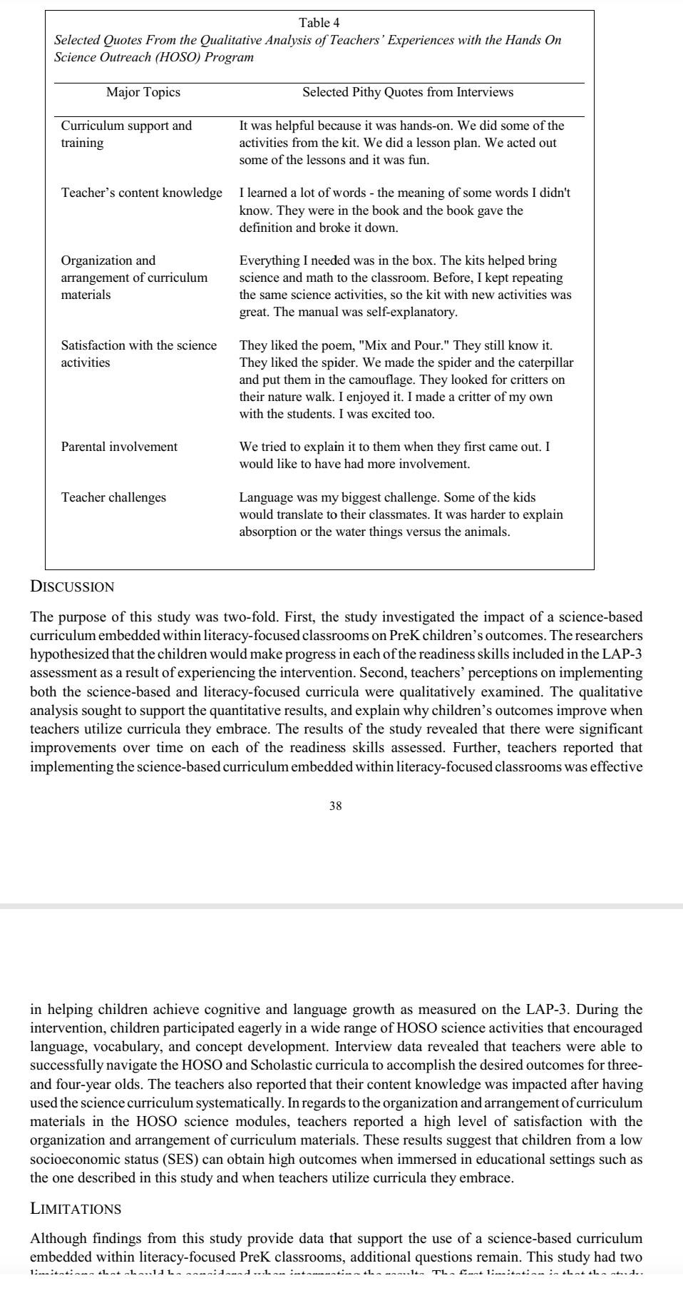 gains in the Hands On Science Outreach (HOSO) science curriculum that was