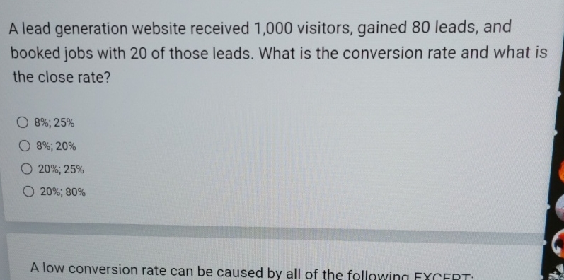  A lead generation website received 1,000 visitors, gained 80 leads, and