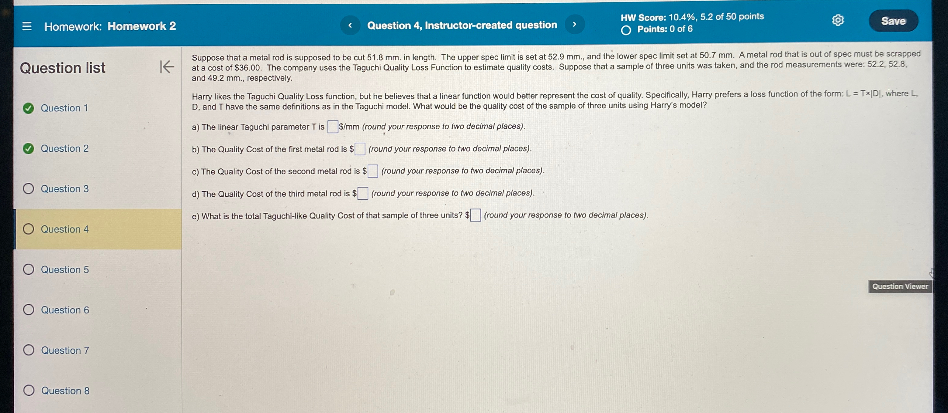  Homework: Homework 2 Question 4, Instructor-created question HW Score: 10.4%,5.2 of