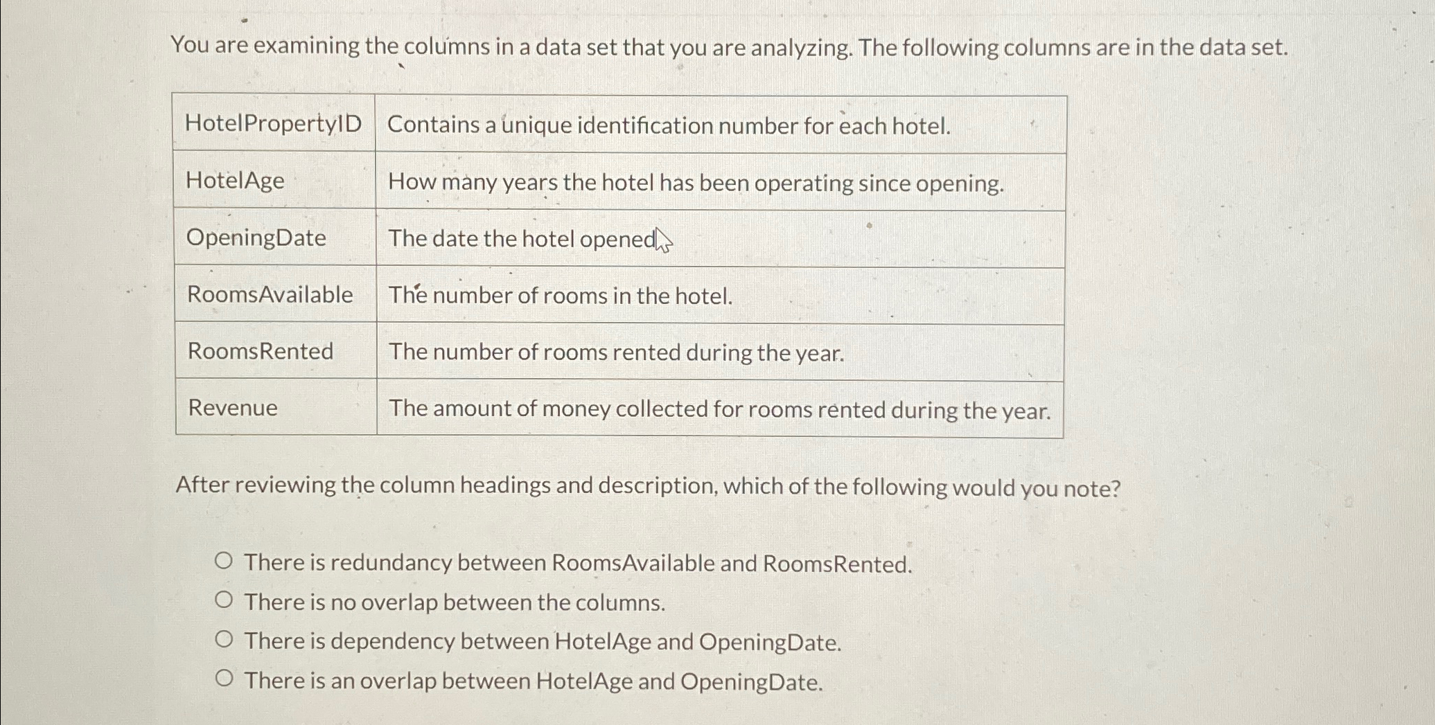  You are examining the columns in a data set that you