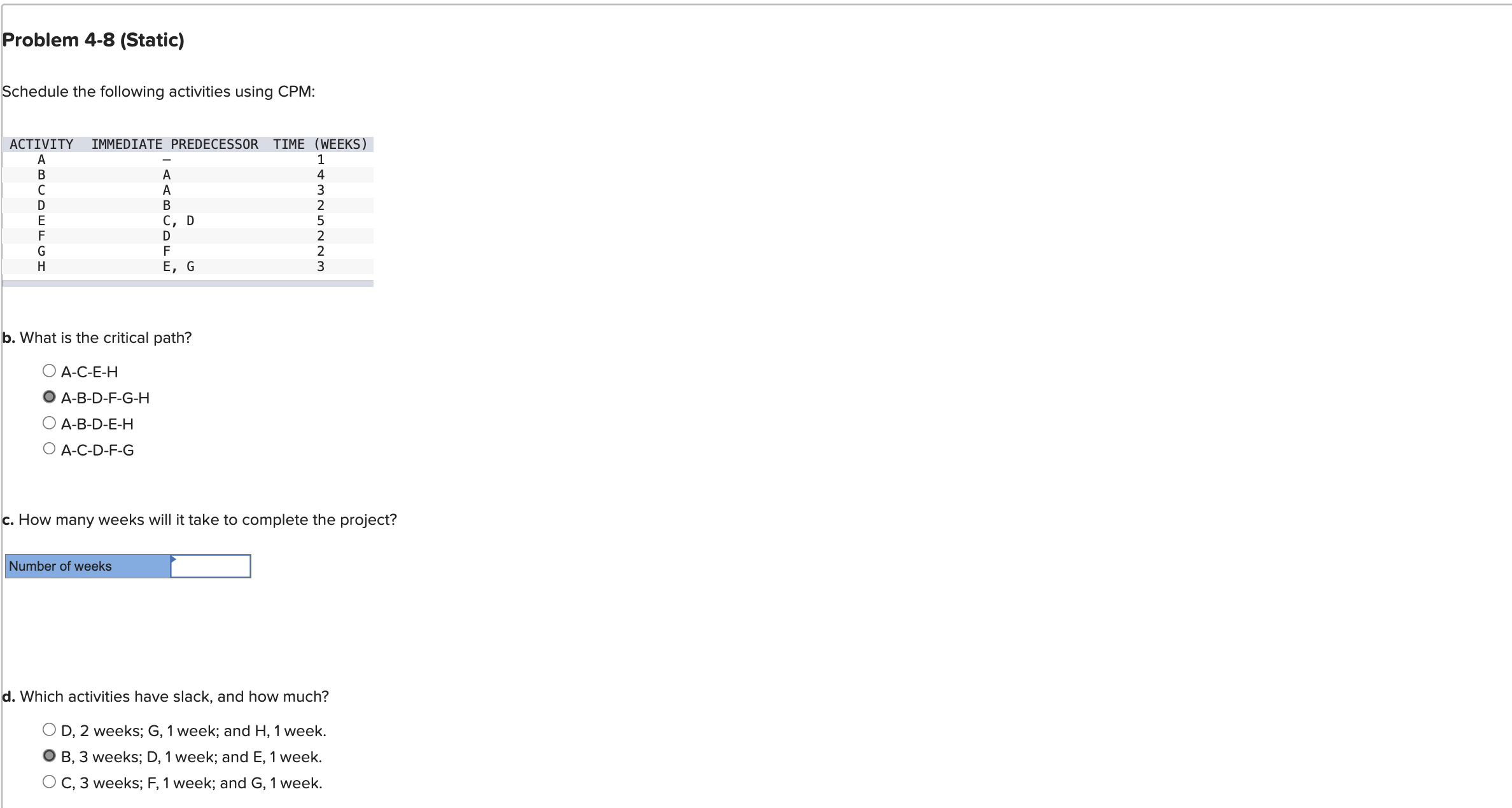  Problem 4-8(Static) Schedule the following activities using CPM: b. What is