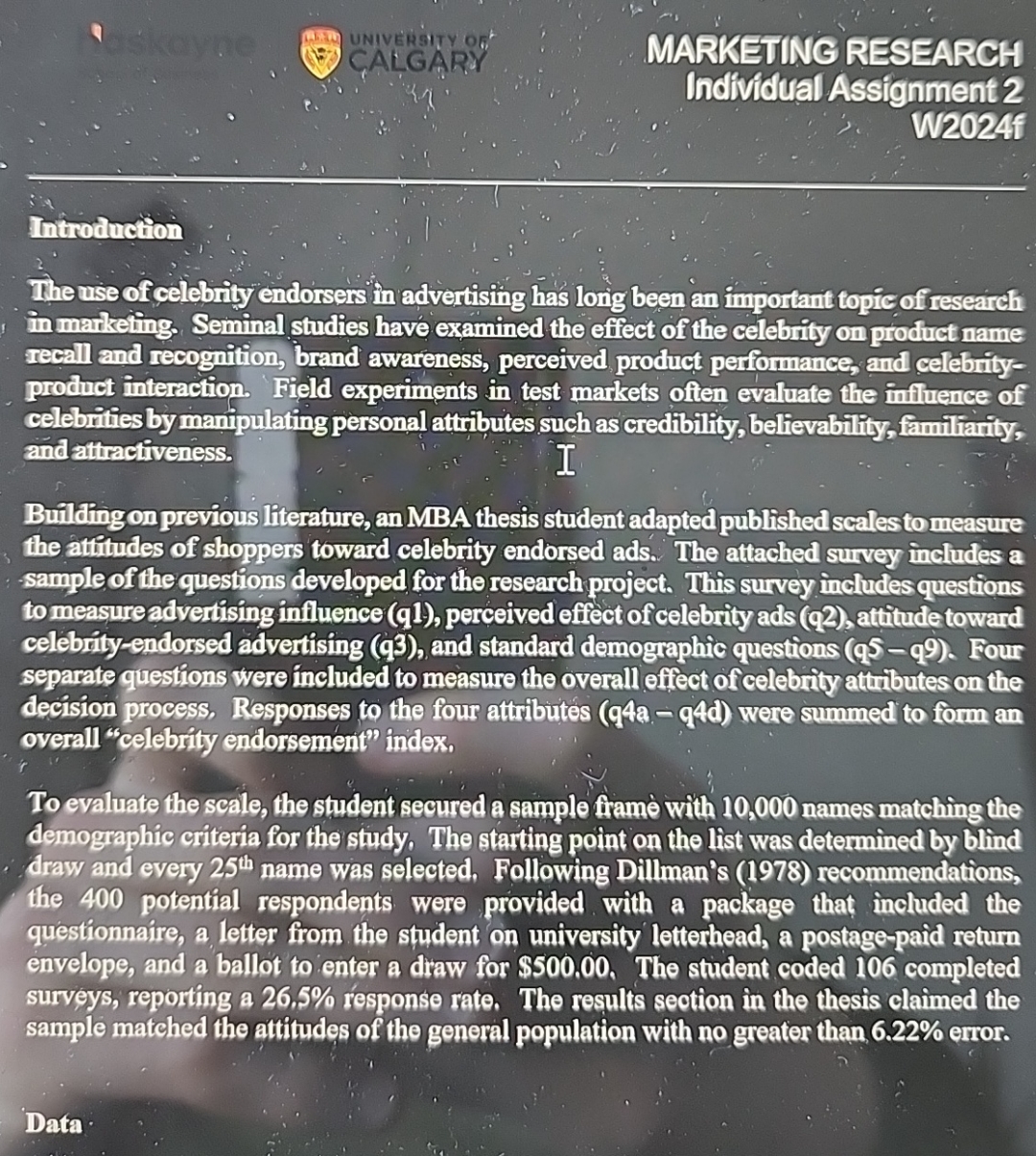  MARKETING RESEARCH Individual Assignment 2 W2024f Introturetion The use of celebrity
