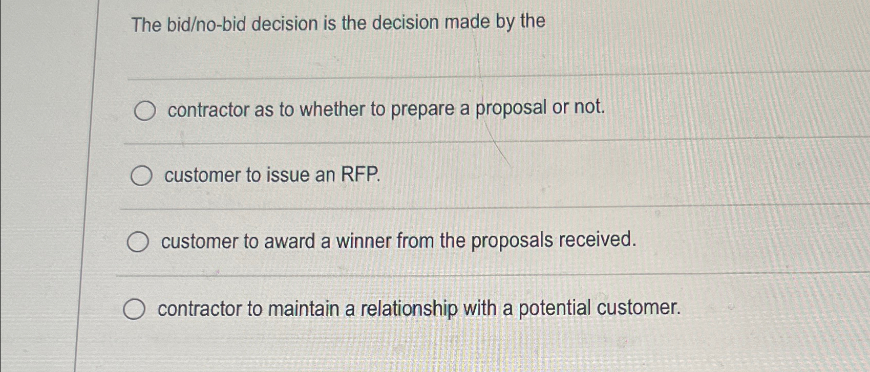  The bid/no-bid decision is the decision made by the contractor as