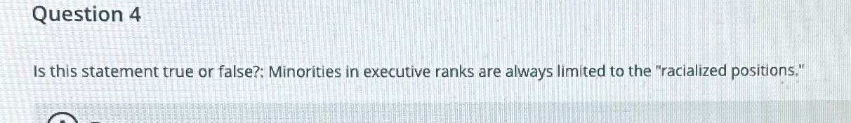  Question 4 Is this statement true or false?: Minorities in executive