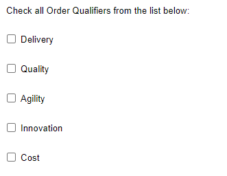 Check all Order Qualifiers from the list below: Delivery Quality Agility
