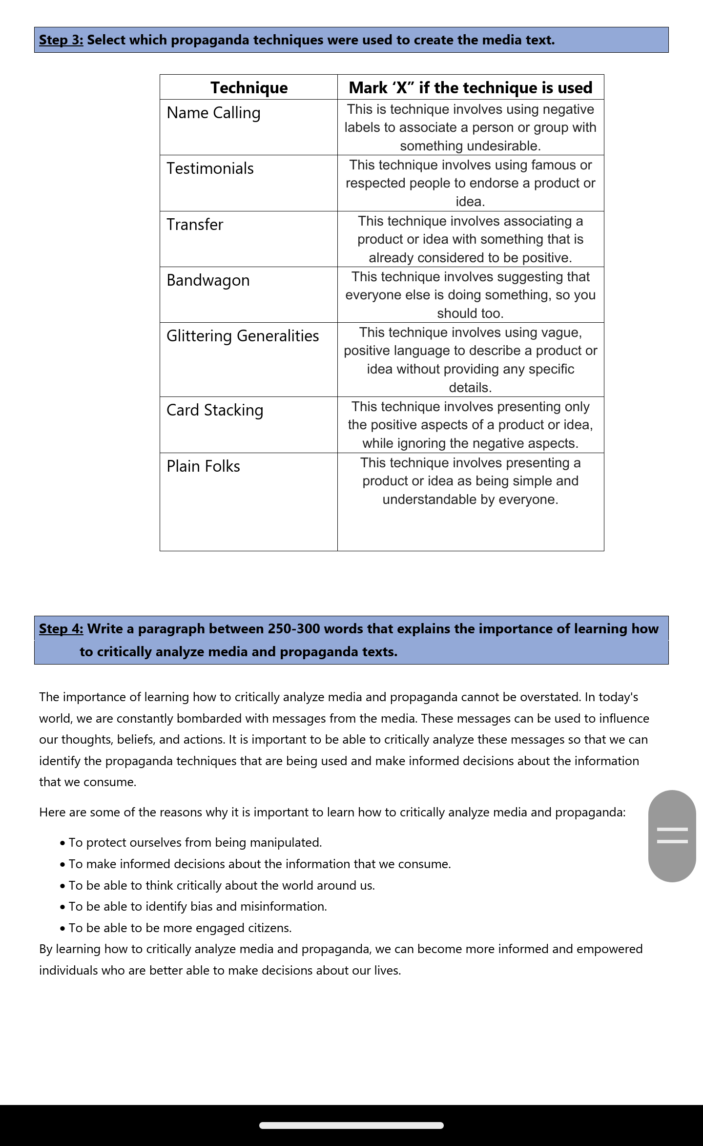  Step 3: Select which propaganda techniques were used to create the