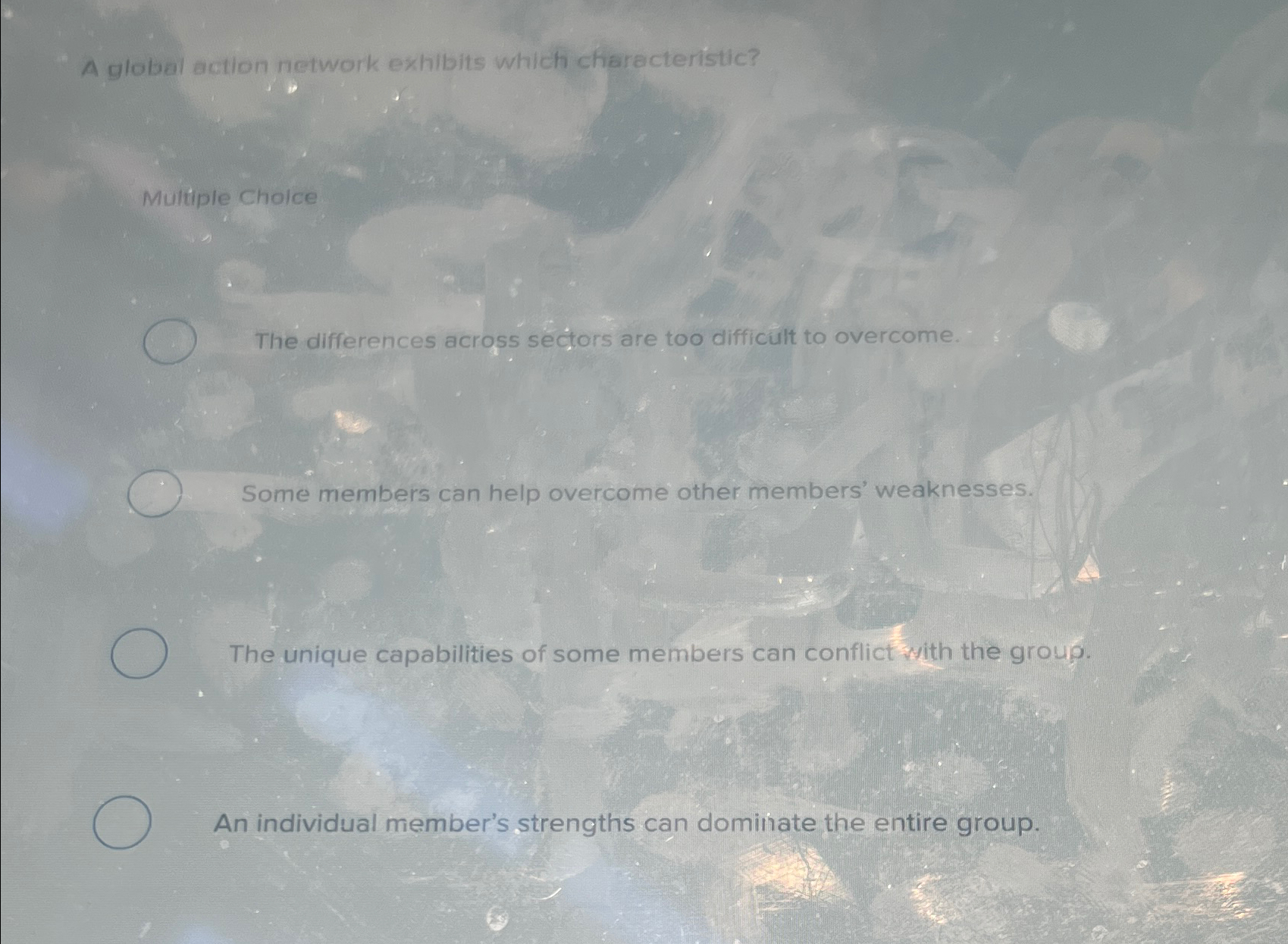  A global action network exhibits which characteristic? Multiple Cholce The differences