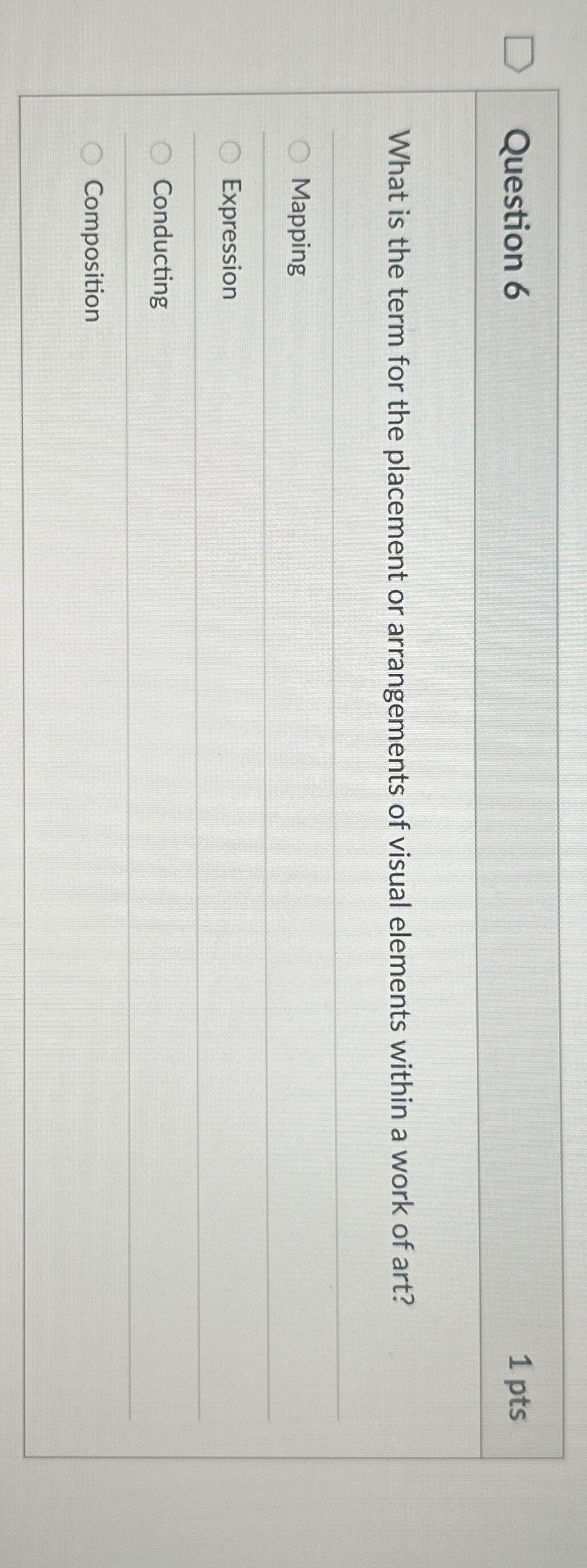 Question 6 1pts What is the term for the placement or