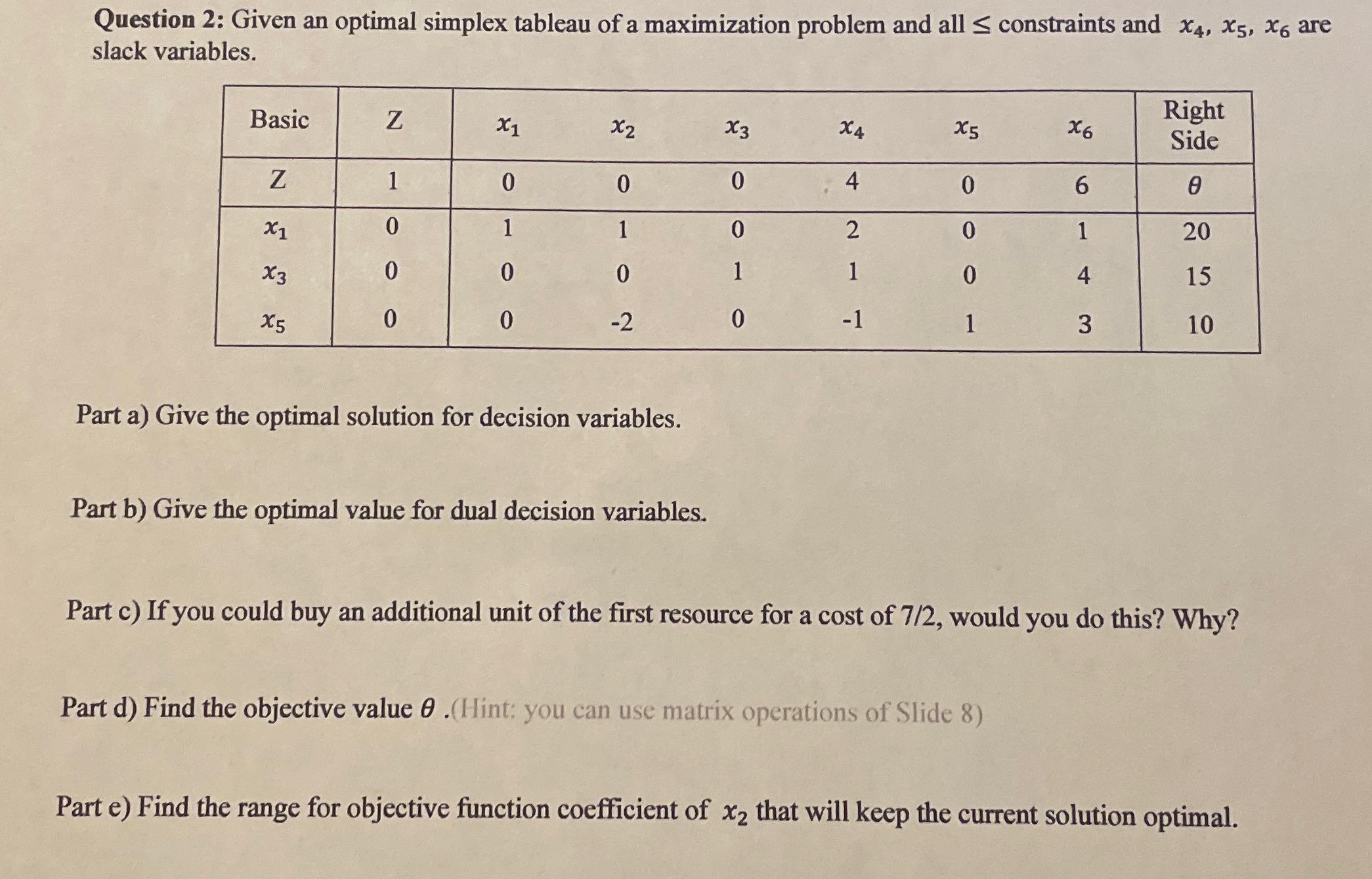  Question 2: Given an optimal simplex tableau of a maximization problem