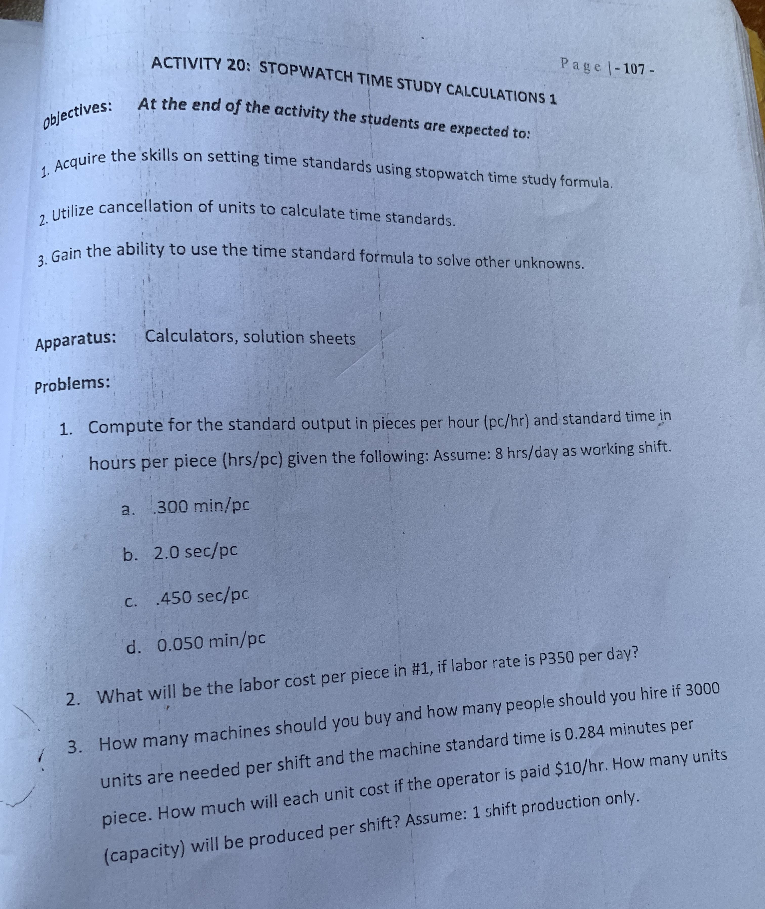  ACTIVITY 20: STOPWATCH TIME STUDY CALCULATIONS 1 objectives: At the end
