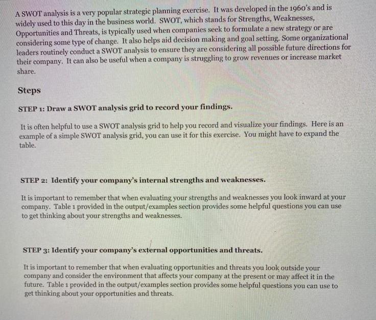  nternal External For helpful questi A SWOT analysis is a very