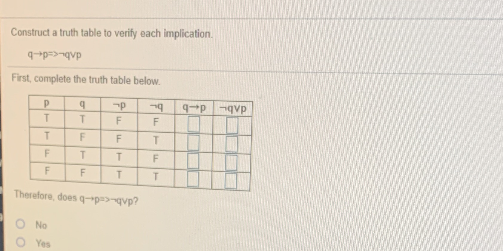  Construct a truth table to verify each implication. q->p=>-qvp First, complete
