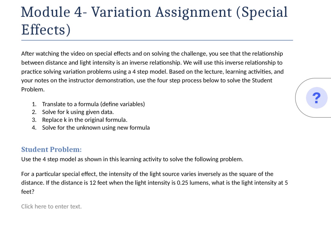  Module 4\" Variation Assignment (Special Effects) After watching the video on
