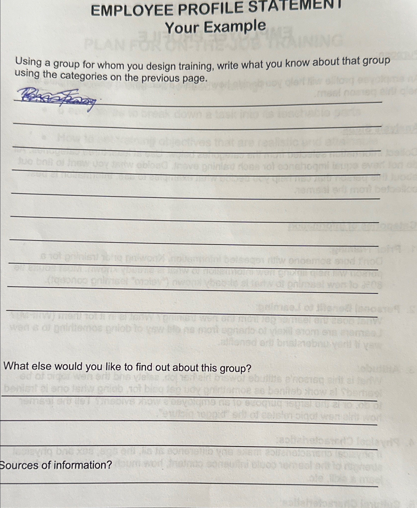  EMPLOYEE PROFILE STATEMEN I Your Example Using a group for whom