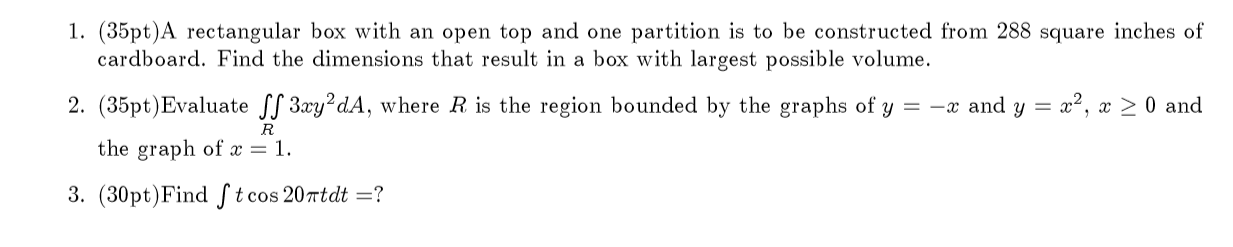  1. (35pt)A rectangular box with an open top and one partition