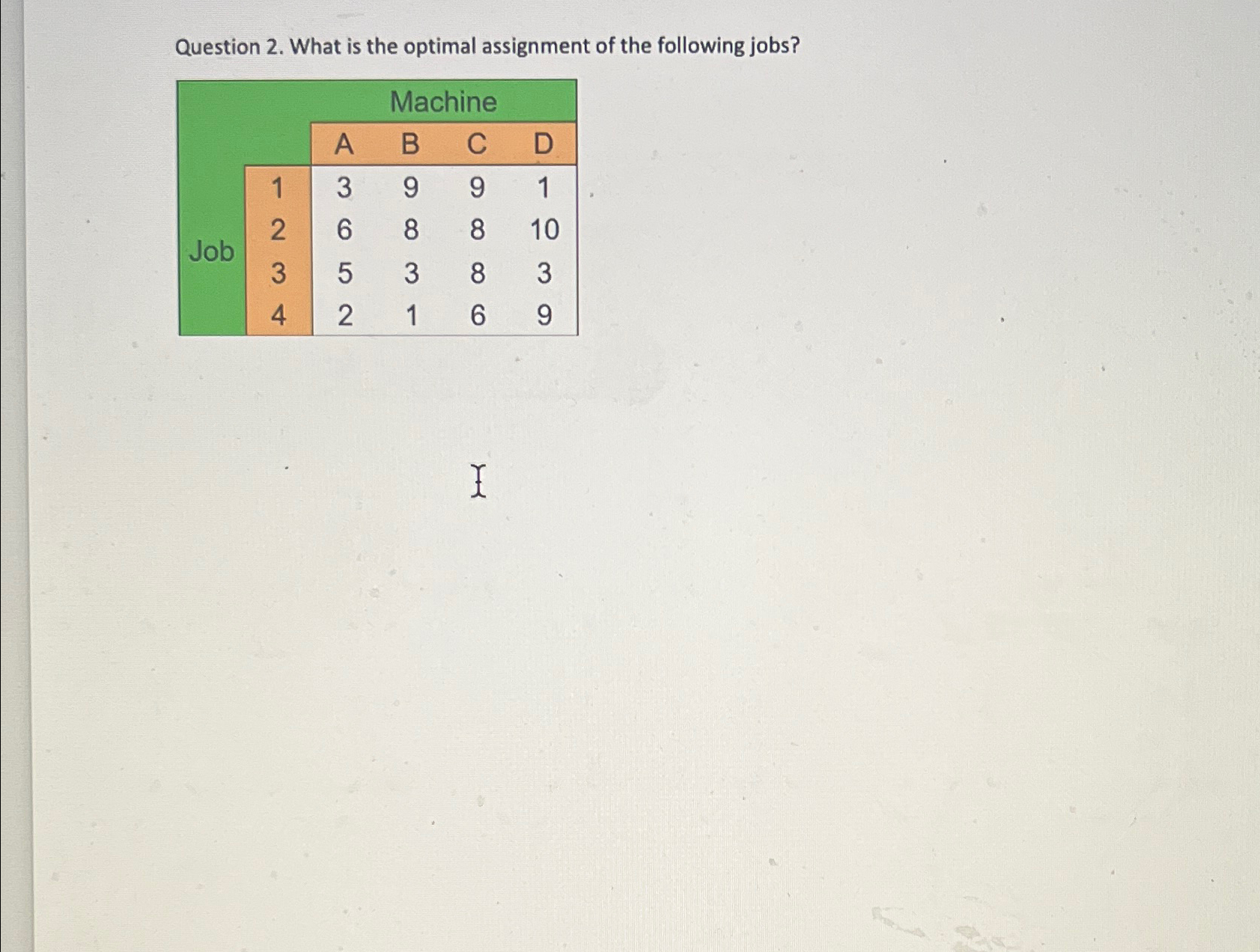 Question 2. What is the optimal assignment of the following jobs?