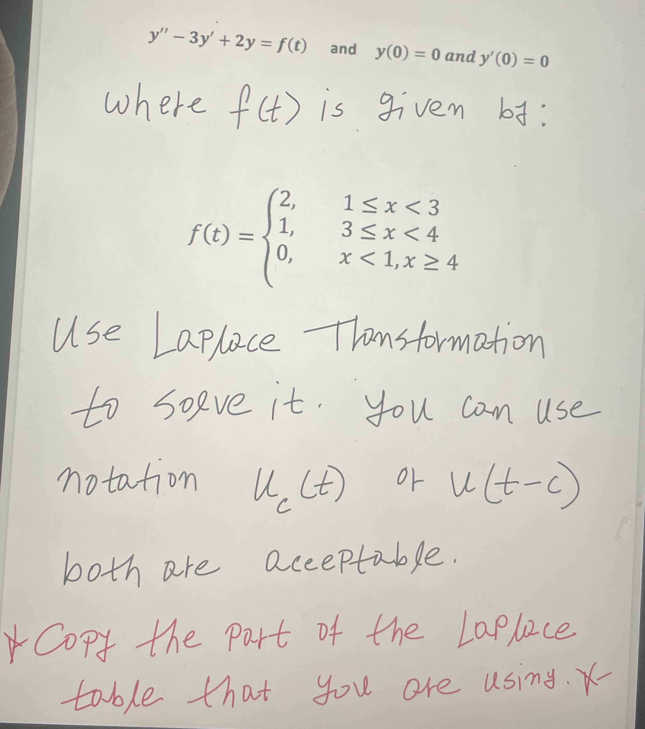 y" - 3y' + 2y =f(t) and y(0) = 0 andy'