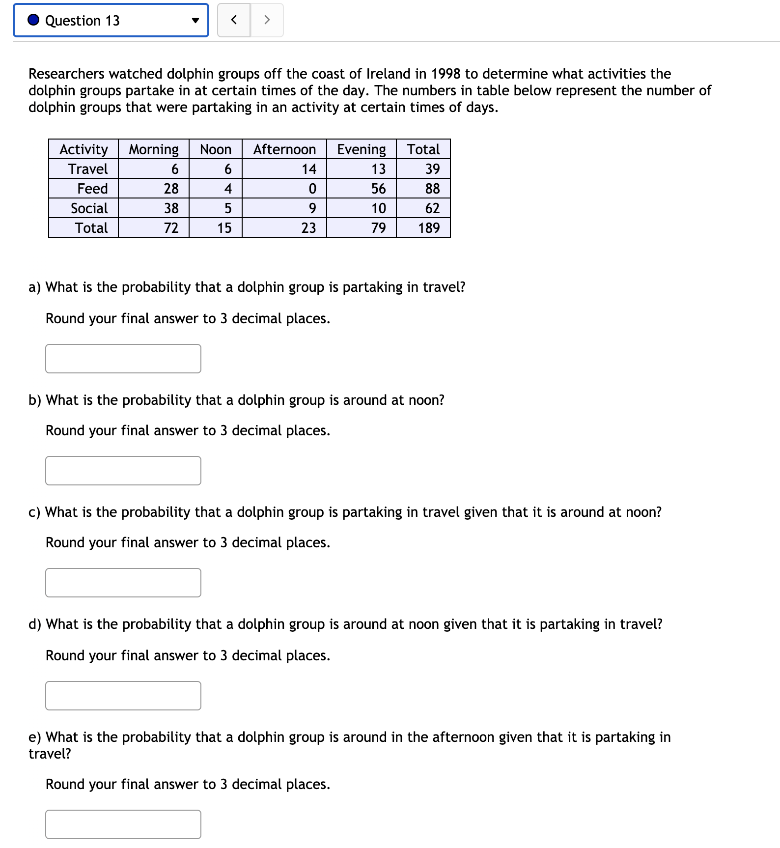 probability that a dolphin group is around in the afternoon and is