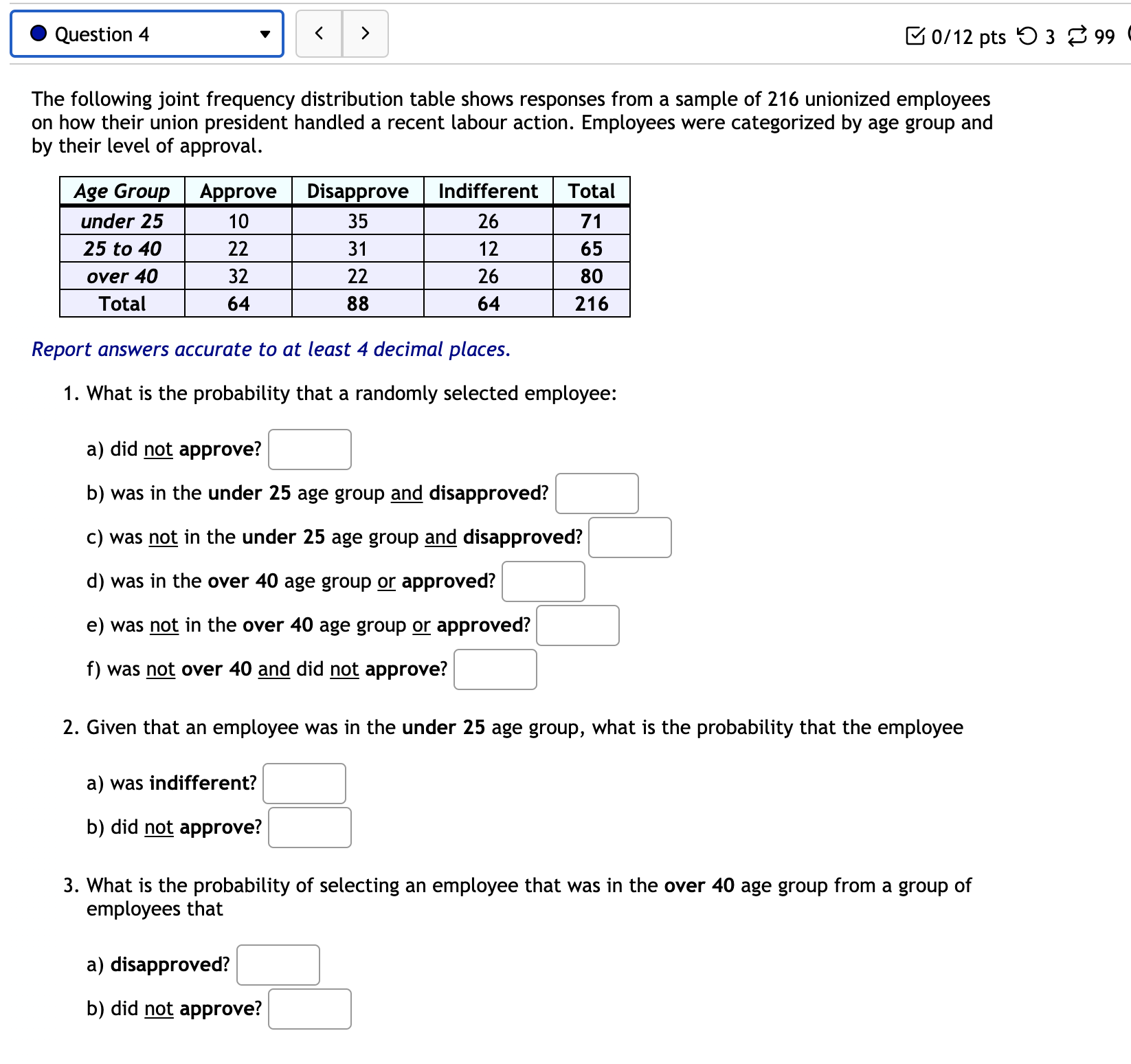 Probability questions: Question 4 0/12 pts 9 3 99 The following joint