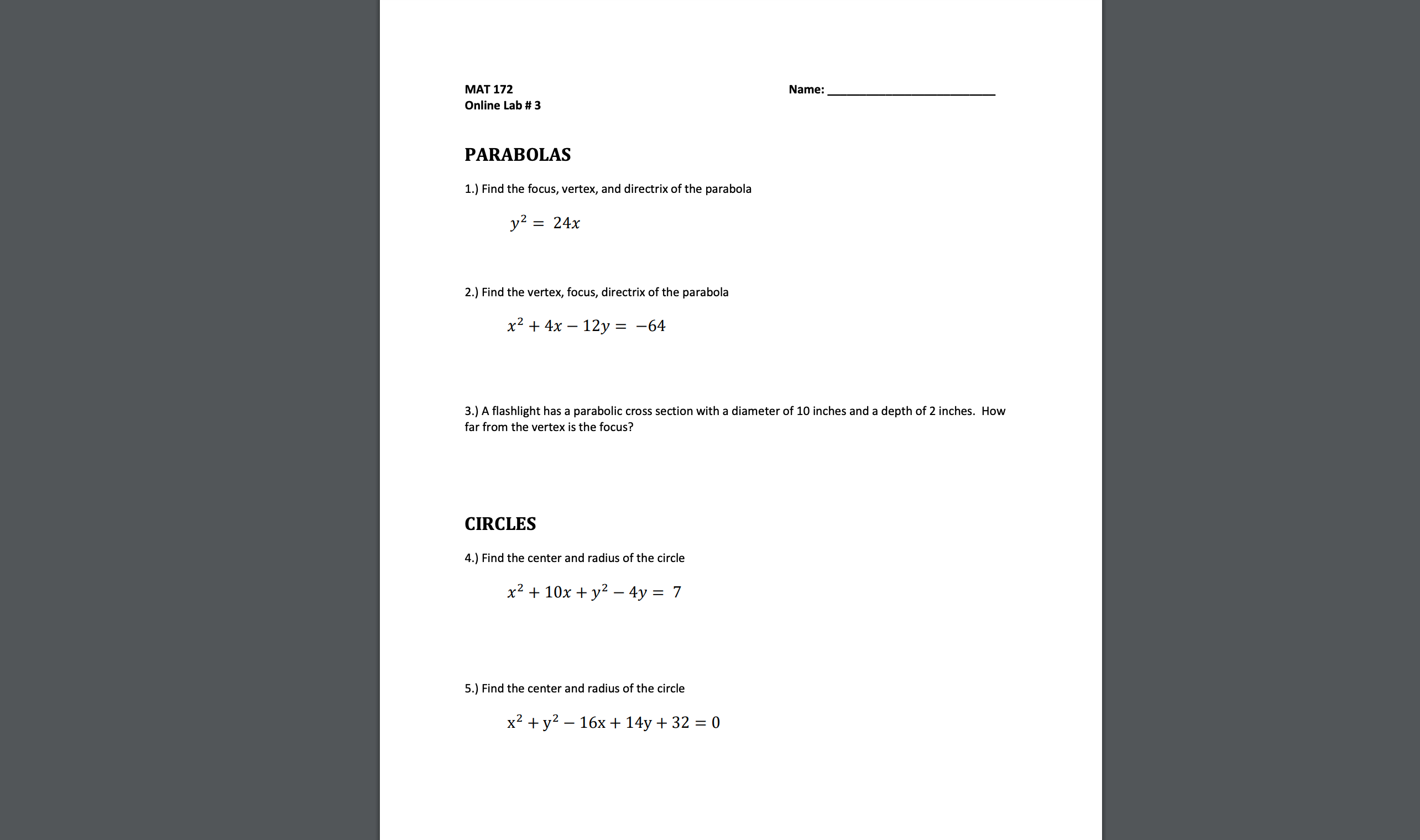 Help me please MAT 172 Name: Online Lab # 3 PARABOLAS 1.)