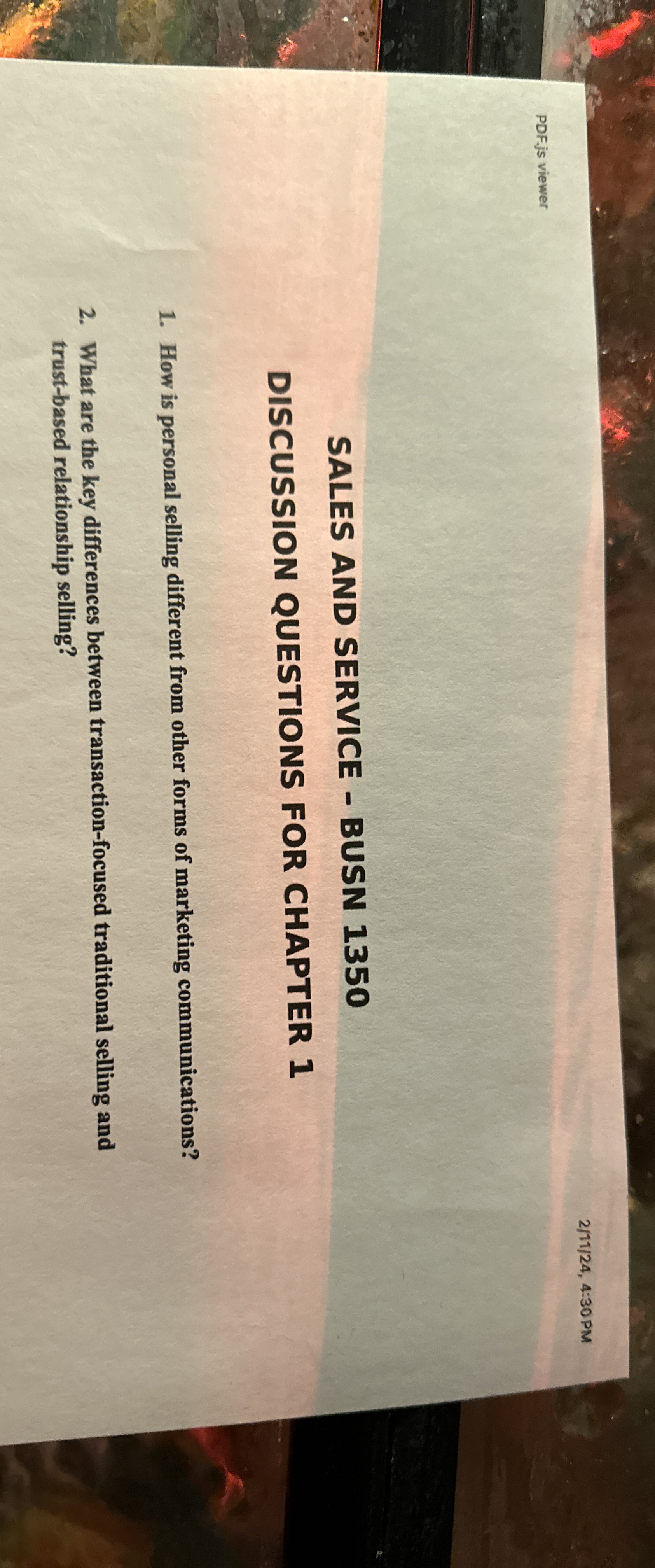  211?24,4:30PM PDF.js viewer SALES AND SERVICE - BUSN 1350 DISCUSSION QUESTIONS