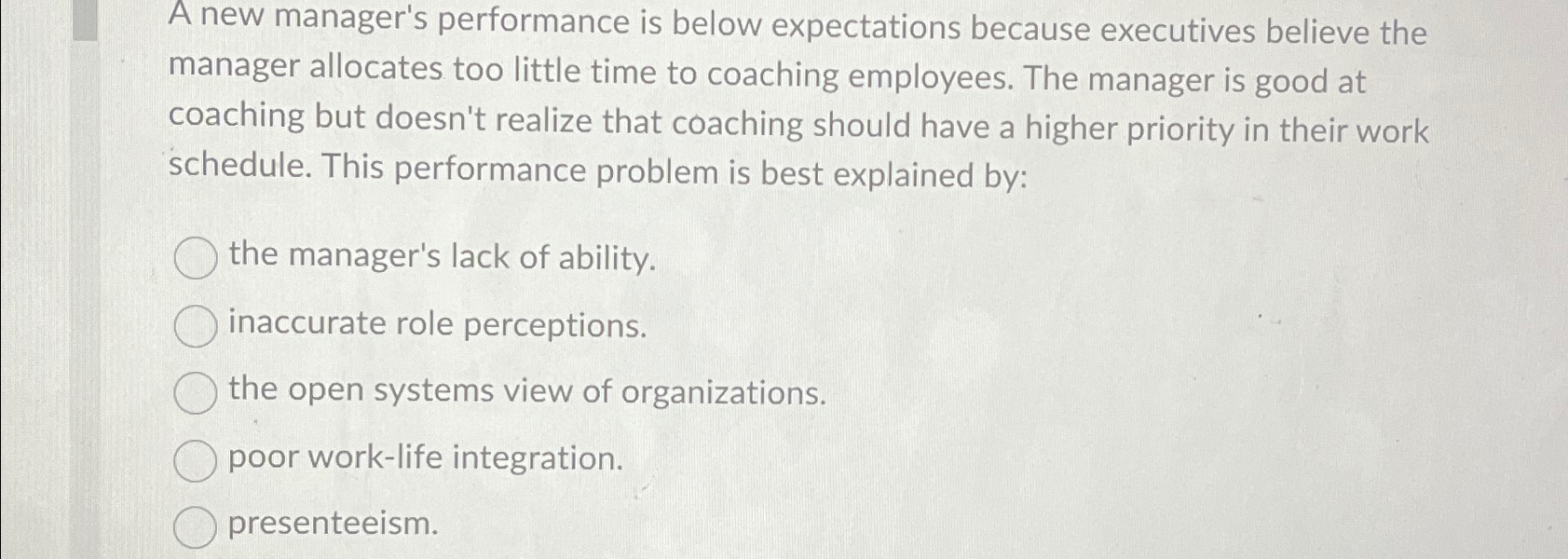  A new manager's performance is below expectations because executives believe the