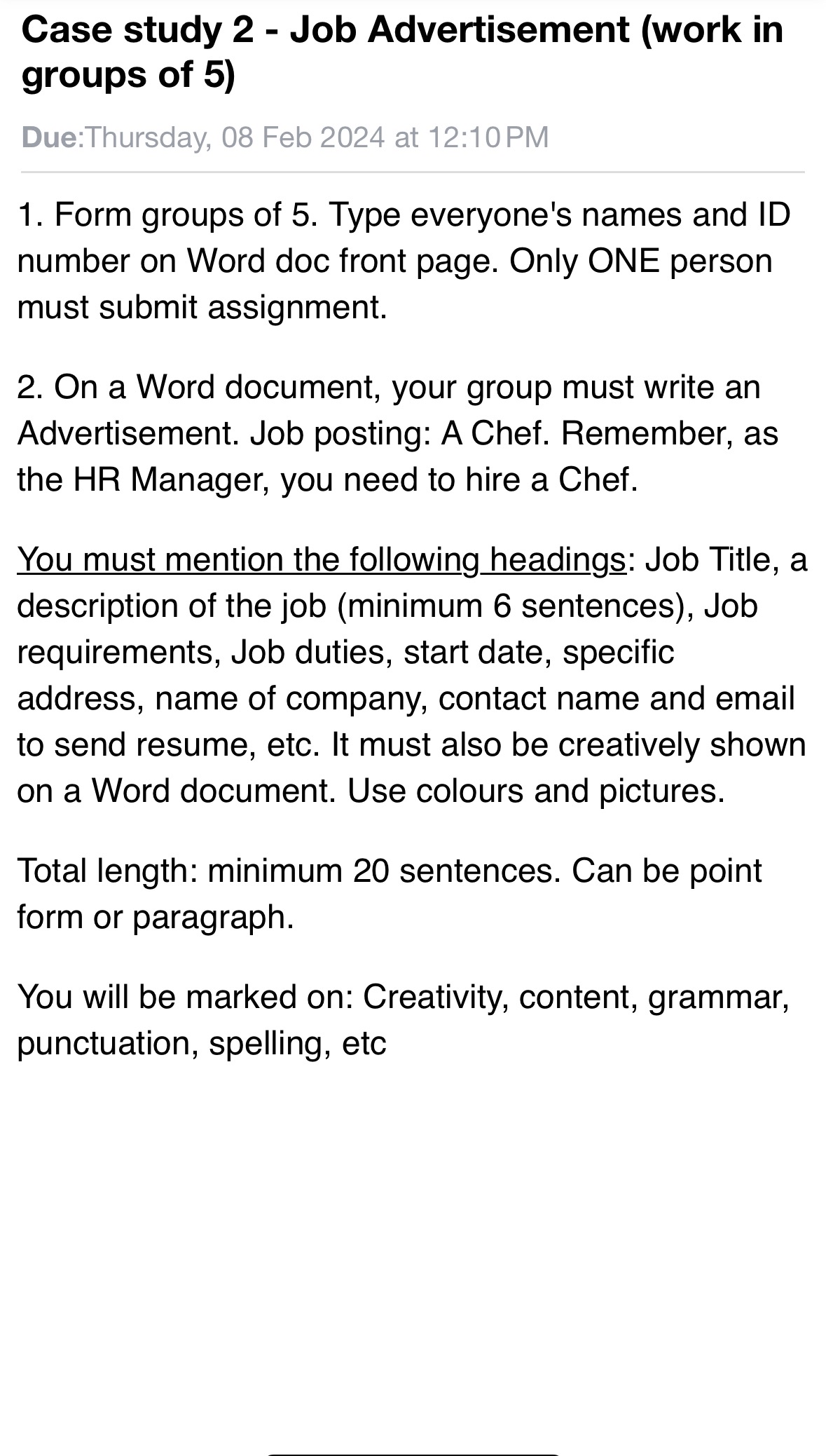  Case study 2- Job Advertisement (work in groups of 5) Due:Thursday,